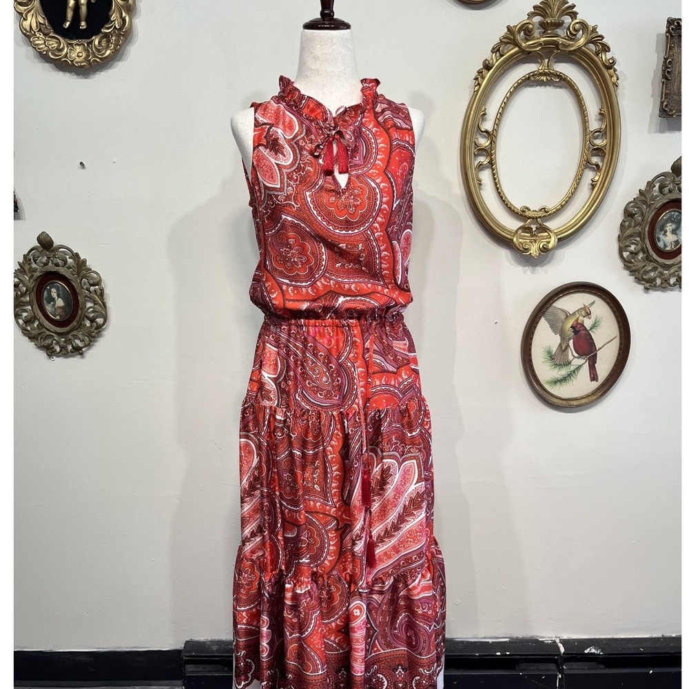 Lauren Ralph Lauren Paisley Sleeveless Tiered Midi Dress Red Size 2P‎